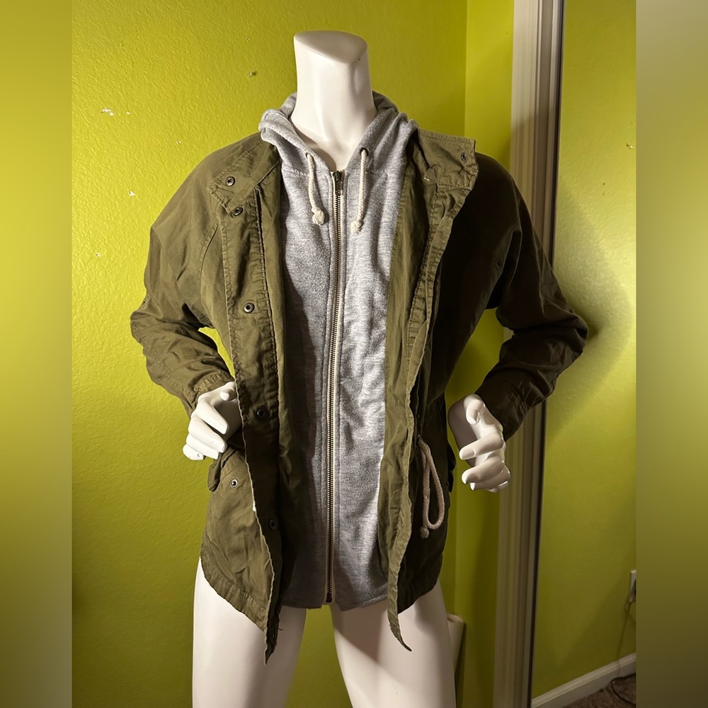 Life in Progress Green Jacket with Gray Lined Hoodie & Adjustable Strings